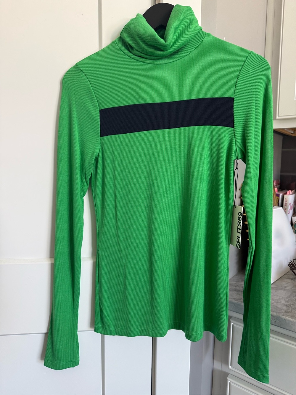 Splits59 Green Turtleneck Top with Dark Navy Stripe